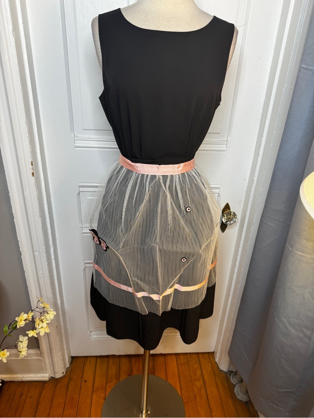 Vintage 1950s Pink Trim Tulle Apron With Butterfly accents and sequins.
